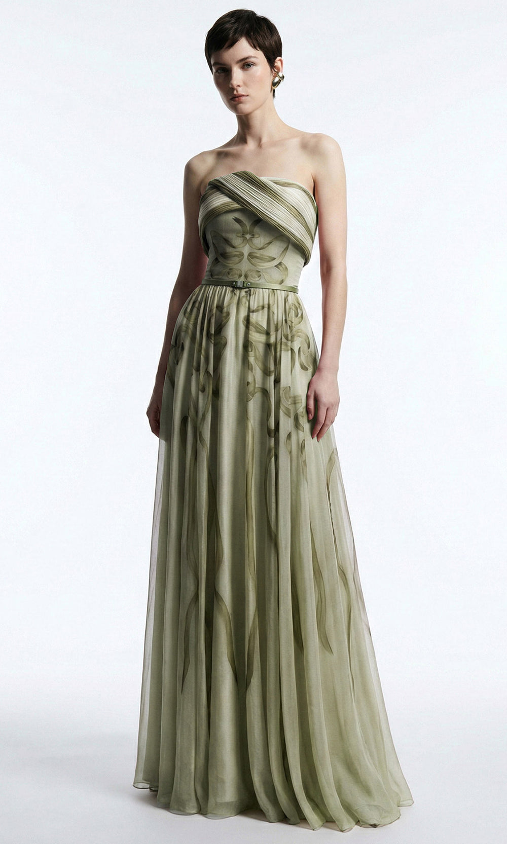MNM COUTURE E0129 - A-Line Printed Evening Dress with Belt Prom Dresses in Olive 