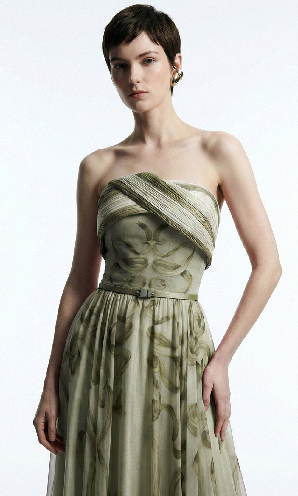 MNM COUTURE E0129 - A-Line Printed Evening Dress with Belt Prom Dresses in Olive 