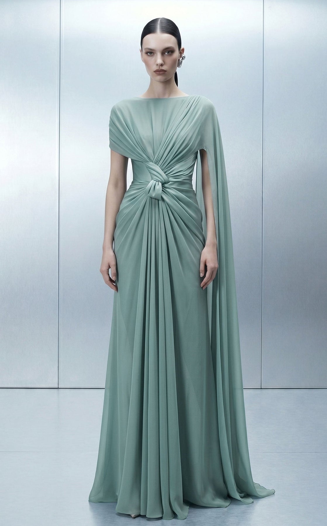 MNM COUTURE E0160 - Bateau Neck Draped Column Evening Gown