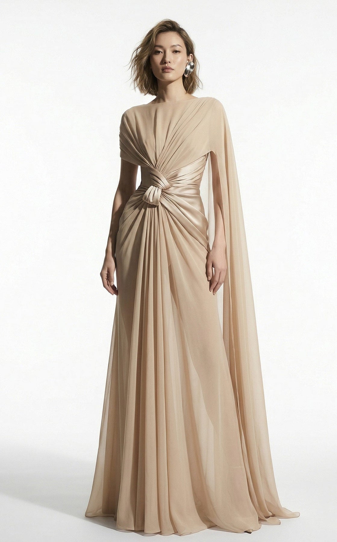 MNM COUTURE E0160 - Bateau Neck Draped Column Evening Gown