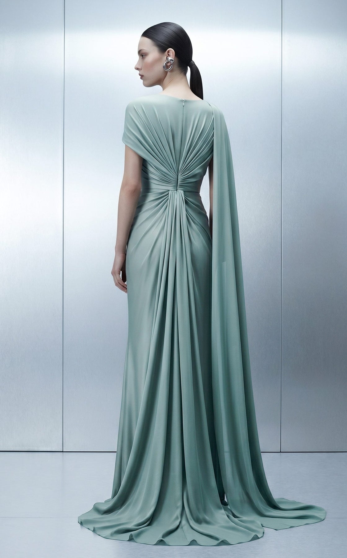 MNM COUTURE E0160 - Bateau Neck Draped Column Evening Gown