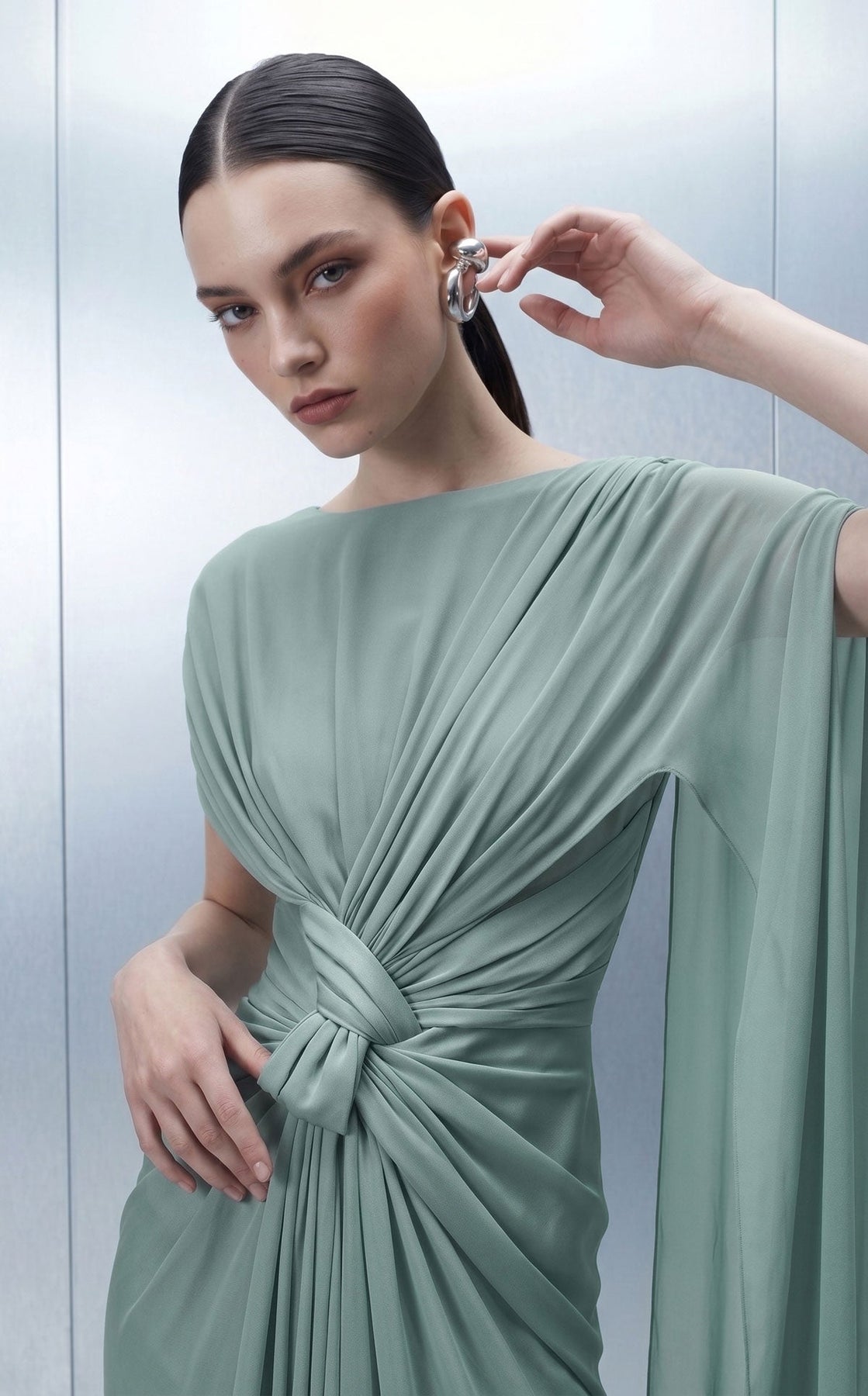 MNM COUTURE E0160 - Bateau Neck Draped Column Evening Gown