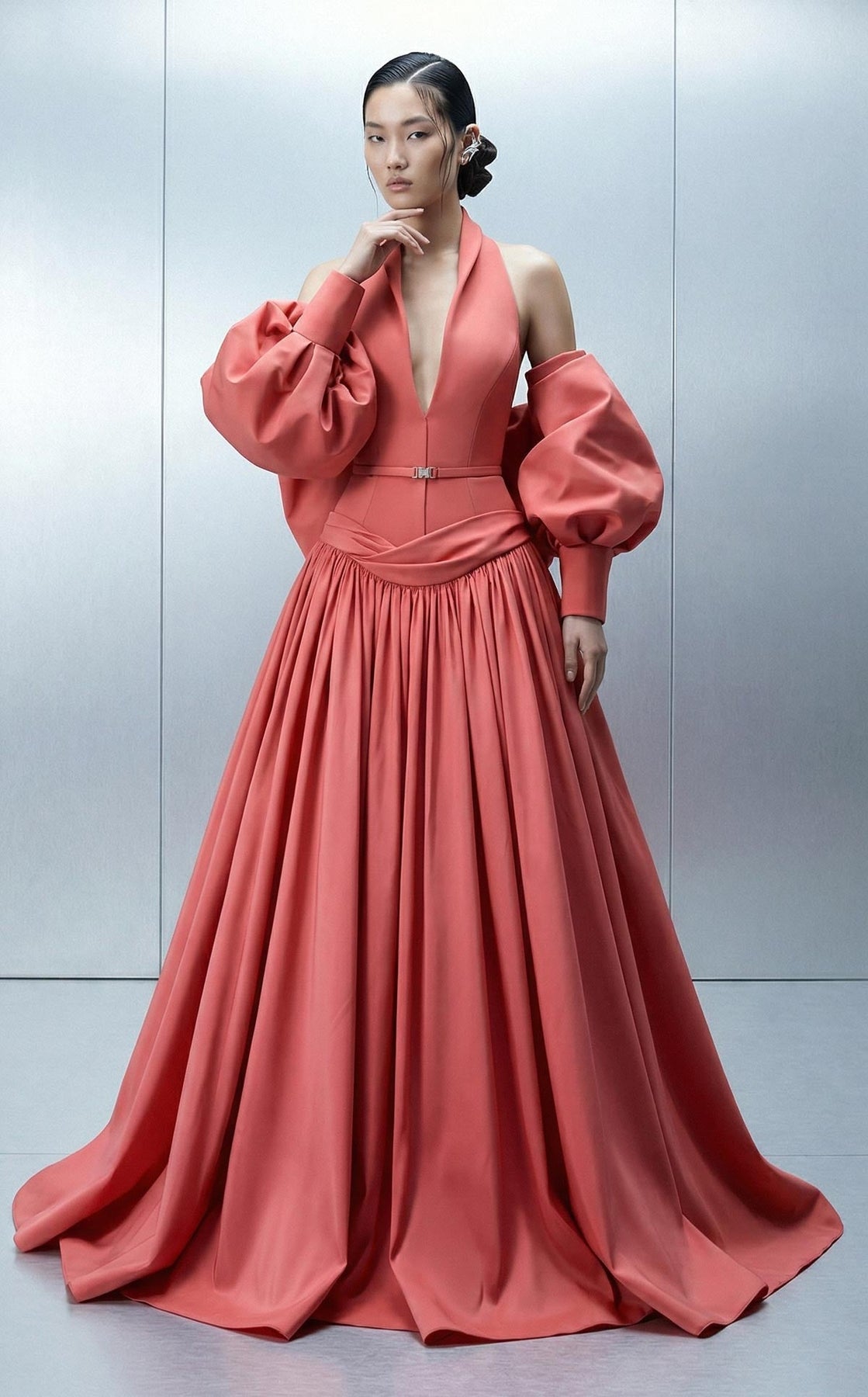 MNM COUTURE E0163 - Draped Basque Waist Sleeveless Evening Gown