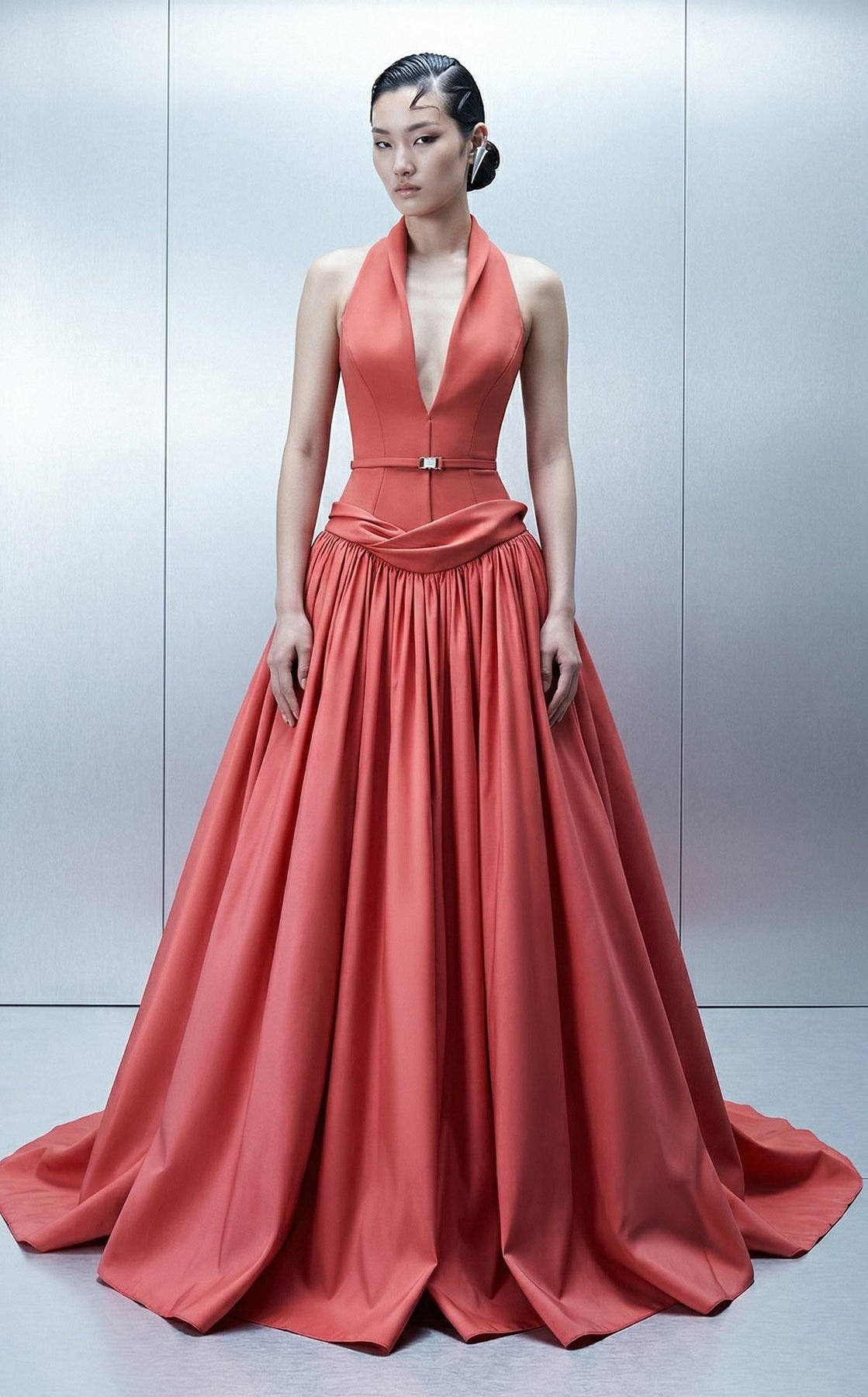 MNM COUTURE E0163 - Draped Basque Waist Sleeveless Evening Gown