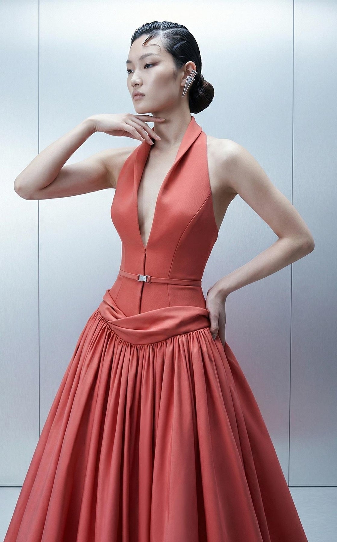 MNM COUTURE E0163 - Draped Basque Waist Sleeveless Evening Gown