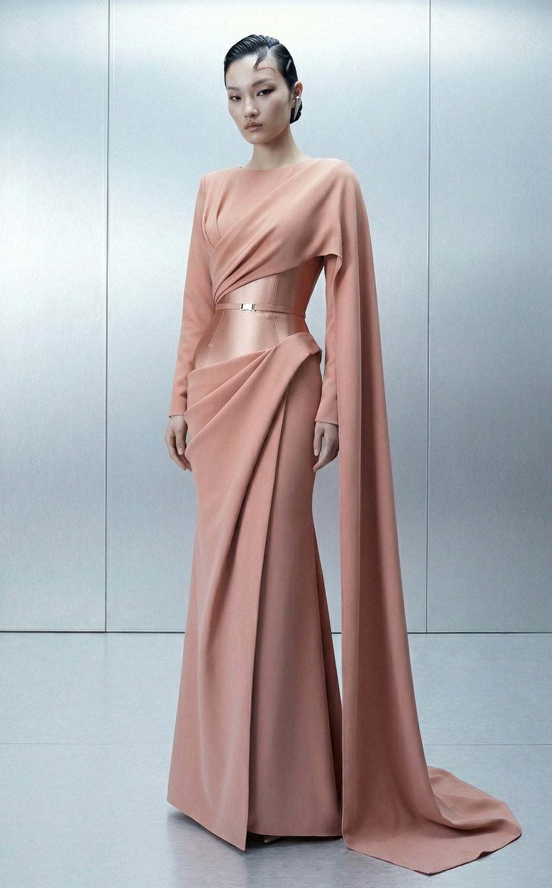 MNM COUTURE E0166 - Draped Jewel Neck Evening Gown with Cape