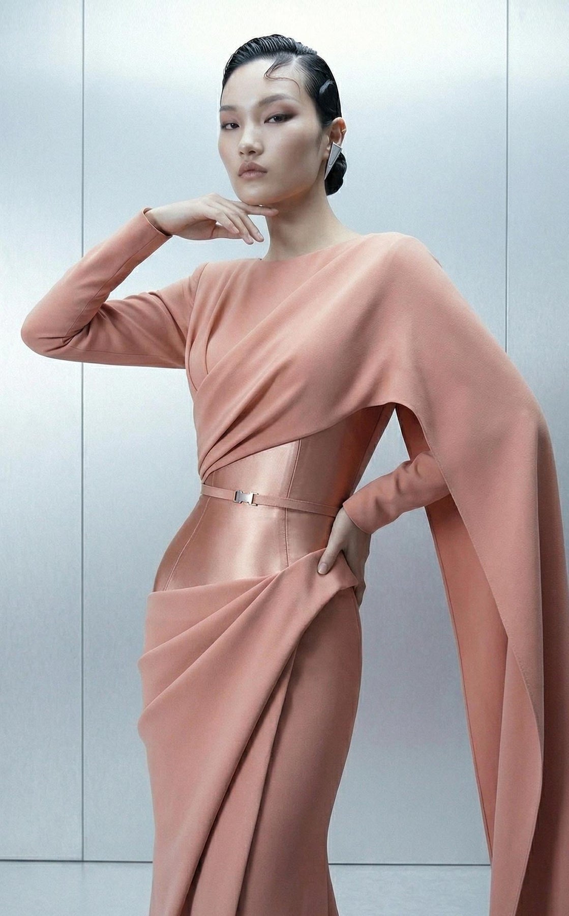 MNM COUTURE E0166 - Draped Jewel Neck Evening Gown with Cape