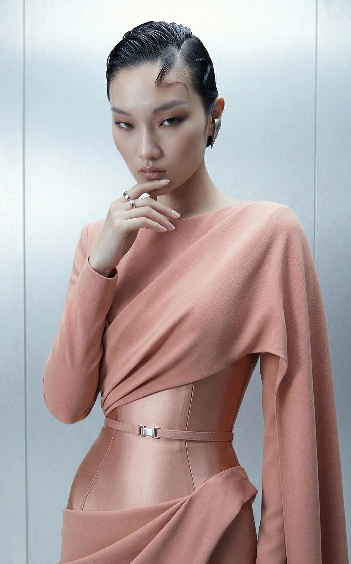 MNM COUTURE E0166 - Draped Jewel Neck Evening Gown with Cape