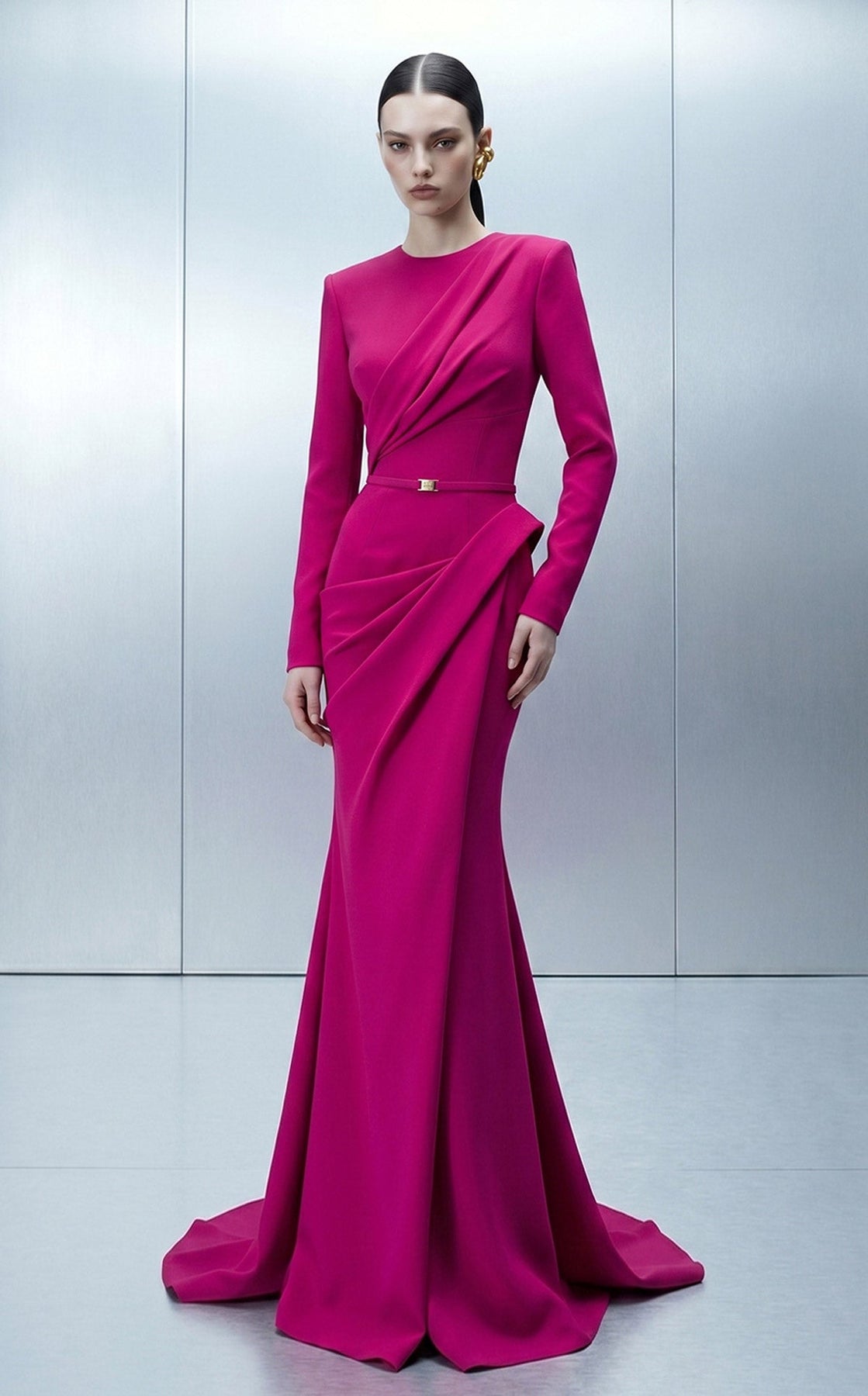 MNM COUTURE E0173 - Belted High Neck Evening Gown with Overskirt