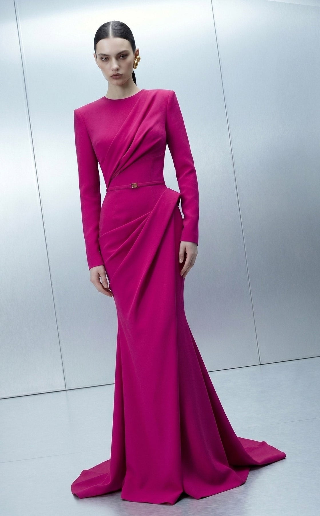 MNM COUTURE E0173 - Belted High Neck Evening Gown with Overskirt