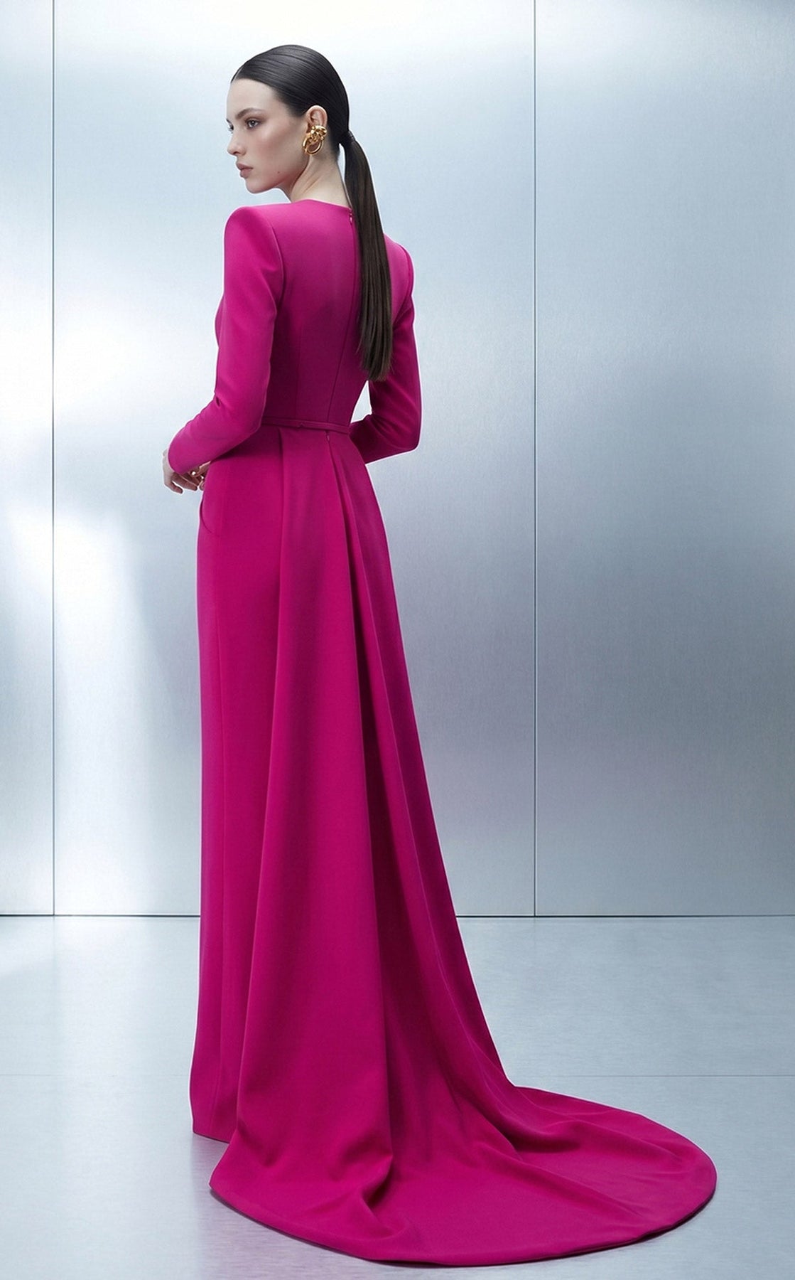 MNM COUTURE E0173 - Belted High Neck Evening Gown with Overskirt