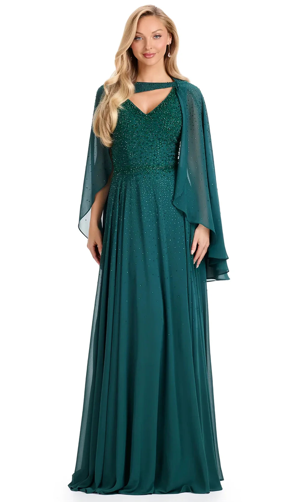 Ashley Lauren E12092 - Beaded Bodice Cape Sleeve Chiffon Dress in Emerald
