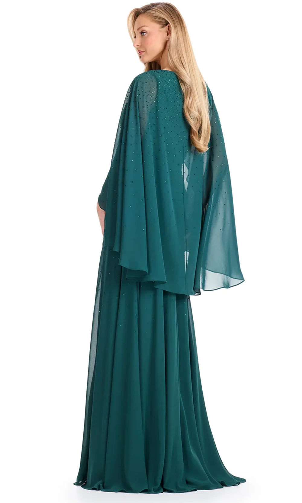 Ashley Lauren E12092 - Beaded Bodice Cape Sleeve Chiffon Dress in Emerald