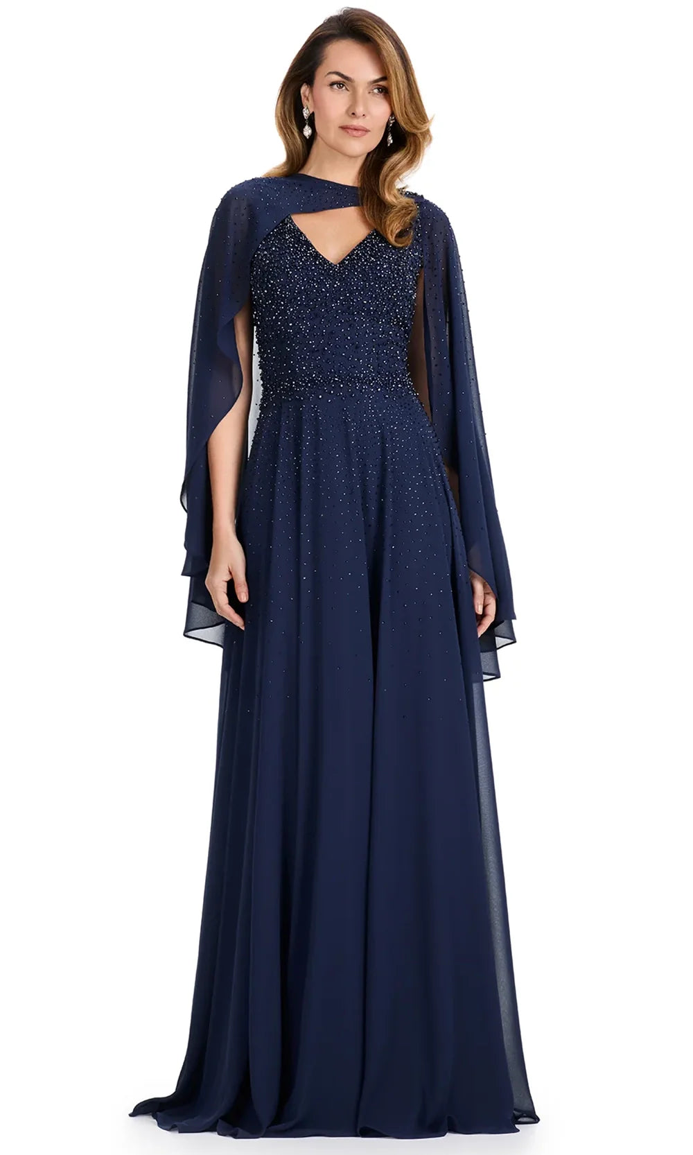 Ashley Lauren E12092 - Beaded Bodice Cape Sleeve Chiffon Dress in Navy