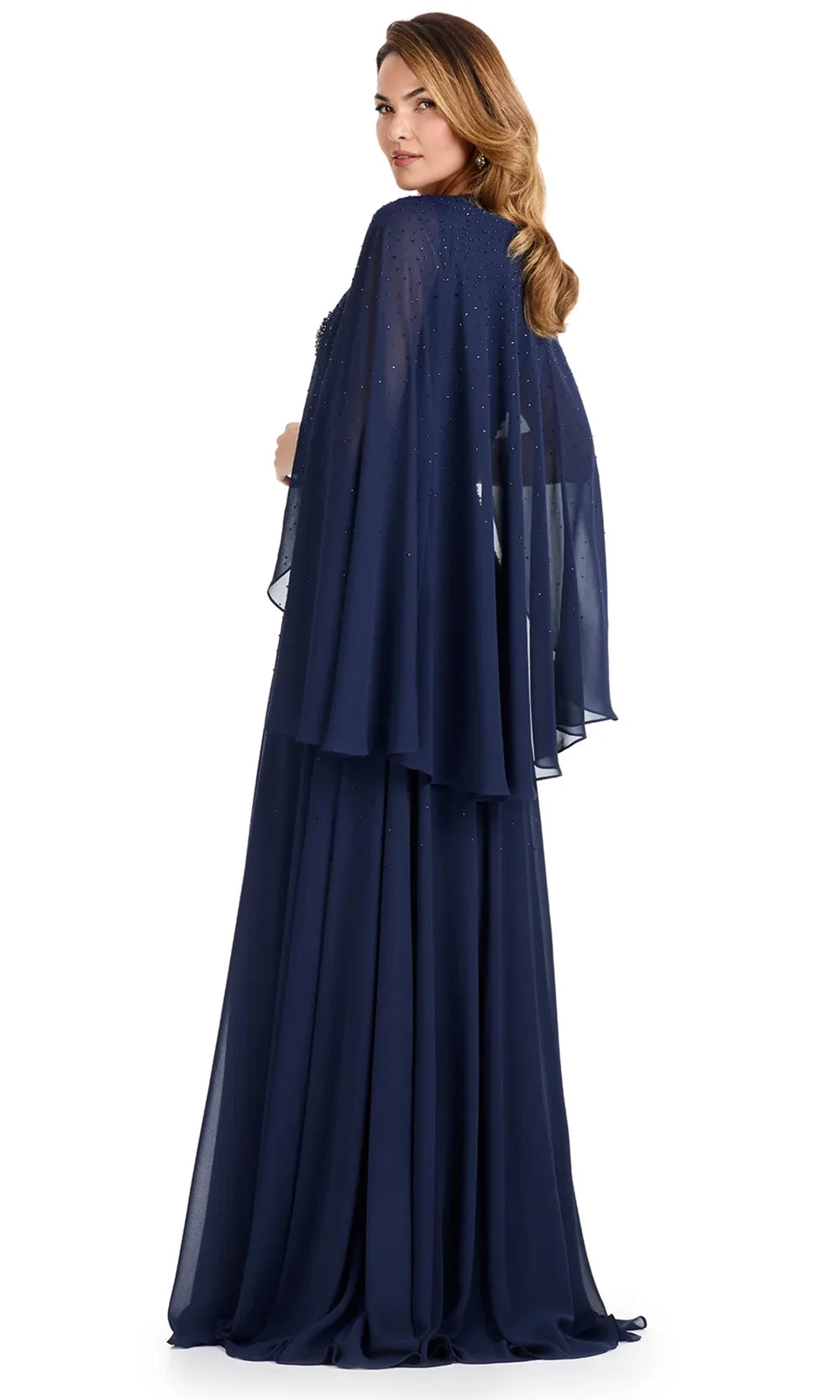 Ashley Lauren E12092 - Beaded Bodice Cape Sleeve Chiffon Dress in Navy