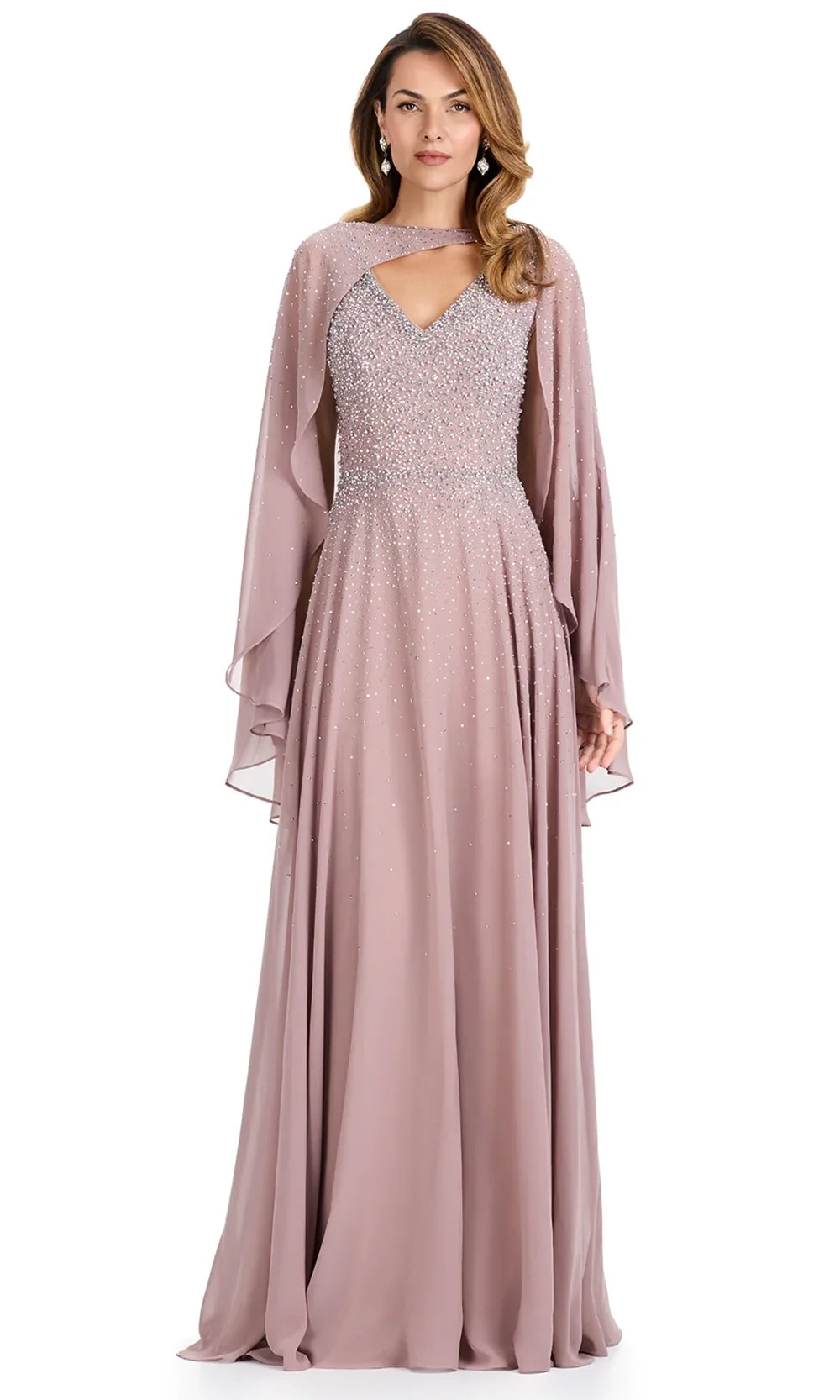 Ashley Lauren E12092 - Beaded Bodice Cape Sleeve Chiffon Dress in Taupe
