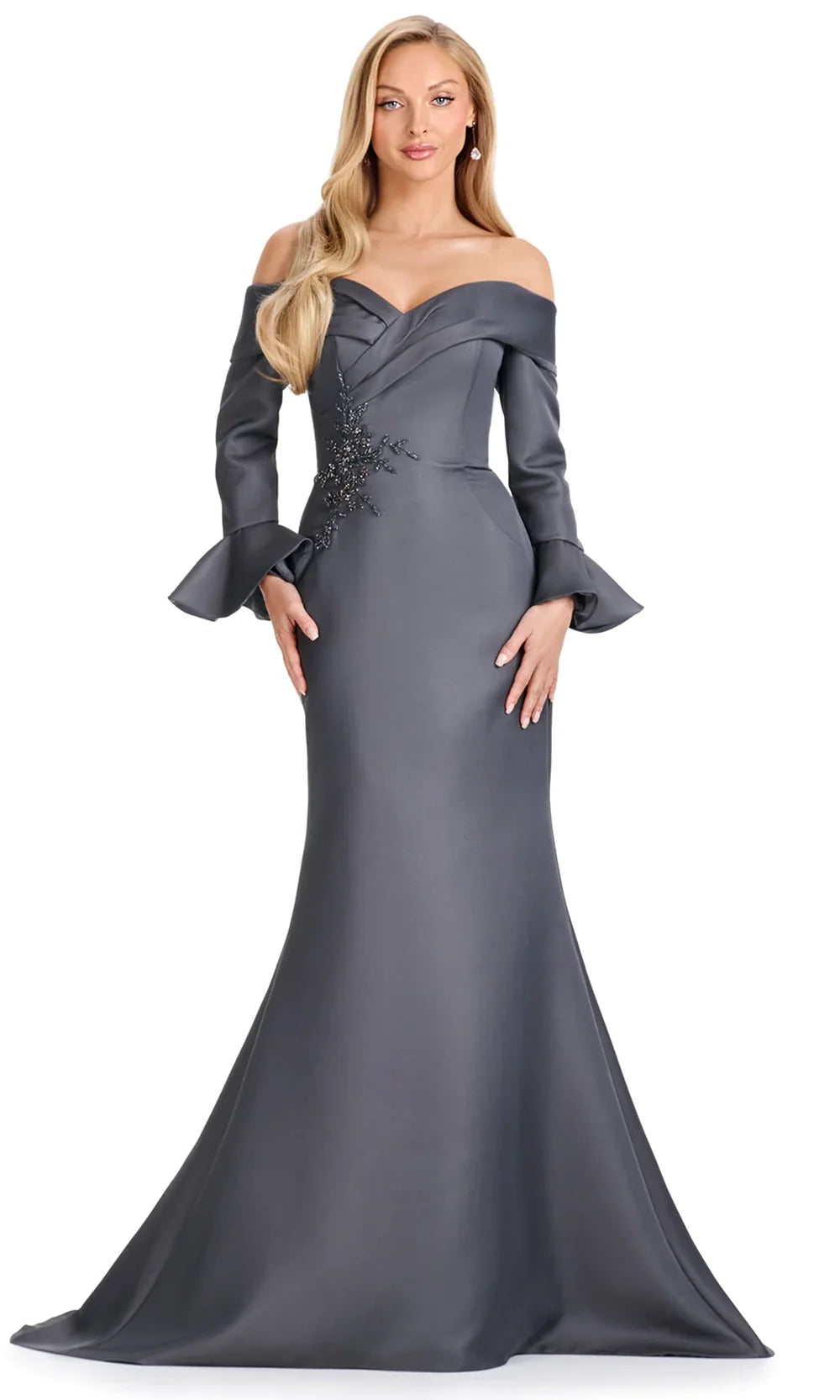 Ashley Lauren E12093 - Beaded Waist Off Shoulder Mermaid Dress in Charcoal