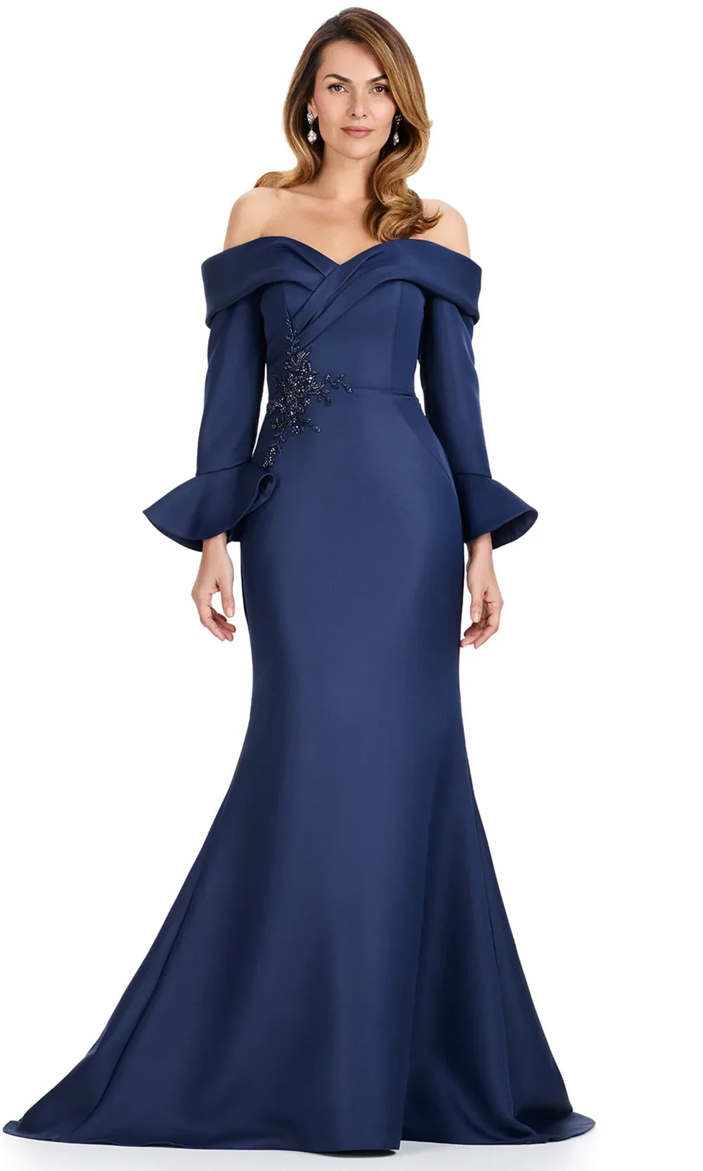 Ashley Lauren E12093 - Beaded Waist Off Shoulder Mermaid Dress in Navy