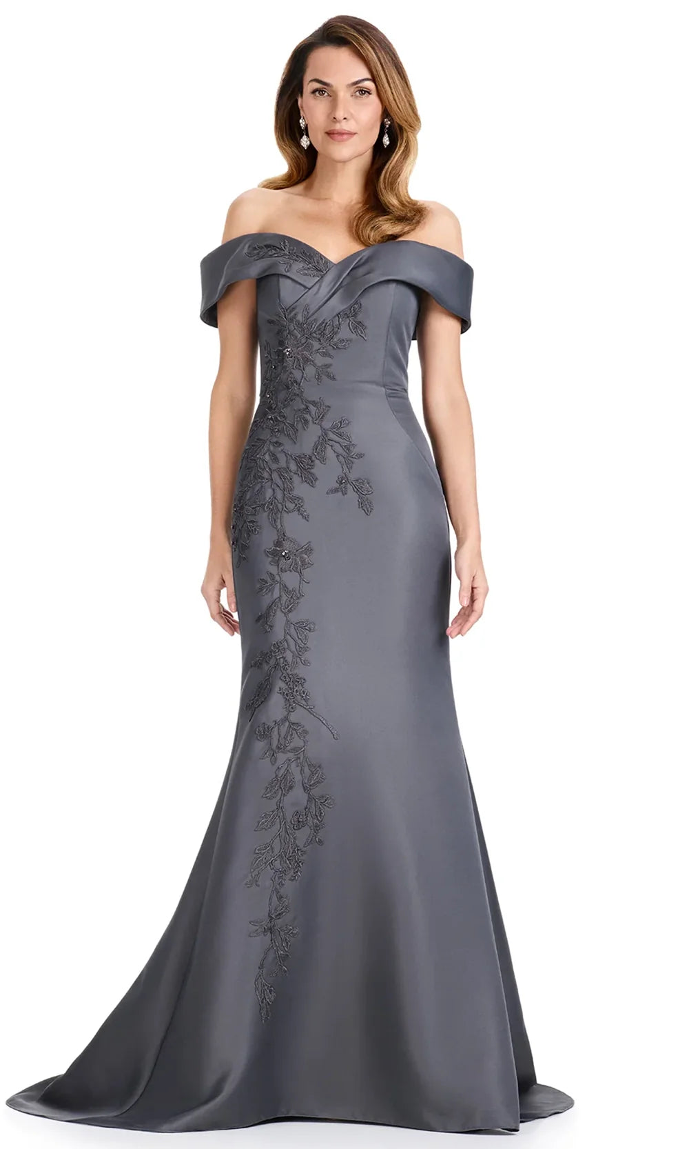Ashley Lauren E12094 - Floral Embroidered Mermaid Sweetheart Dress in Charcoal