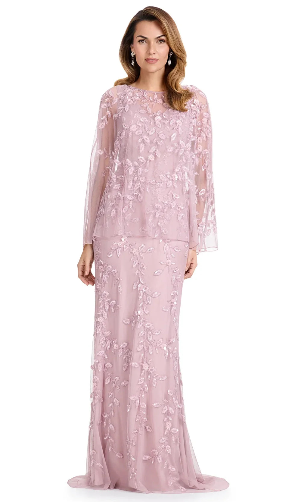Ashley Lauren E12095 - Leaf Beaded Applique Cape Sleeve Dress in Dusty Rose