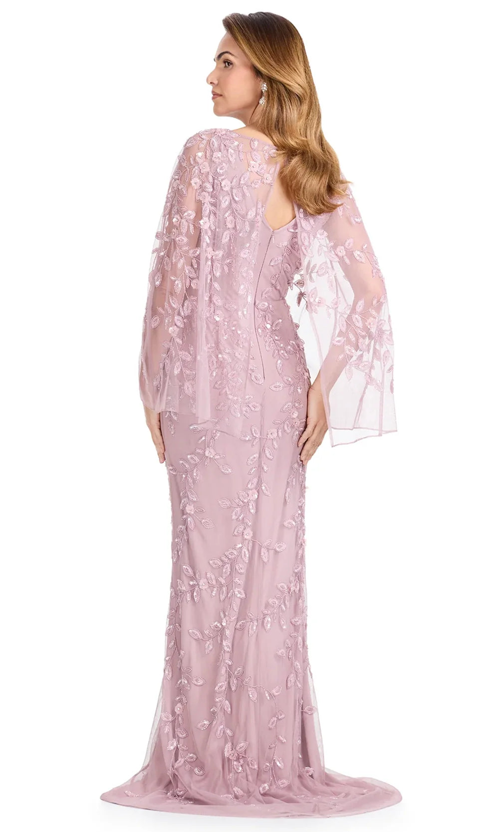 Ashley Lauren E12095 - Leaf Beaded Applique Cape Sleeve Dress in Dusty Rose