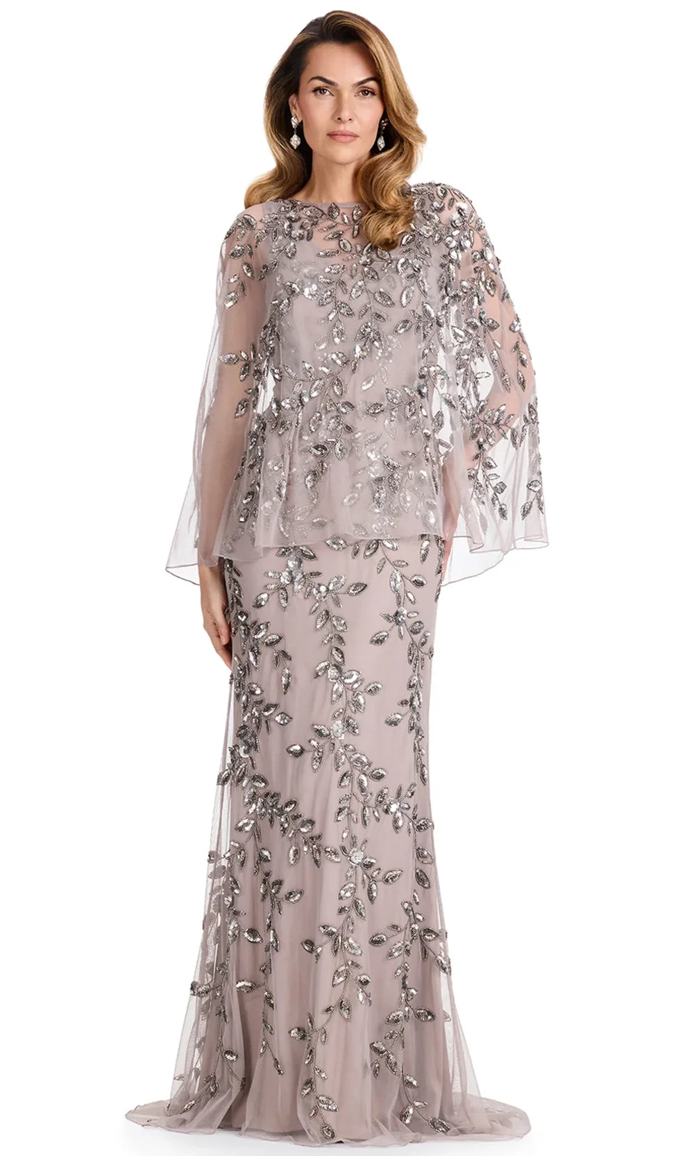 Ashley Lauren E12095 - Leaf Beaded Applique Cape Sleeve Dress in Lead