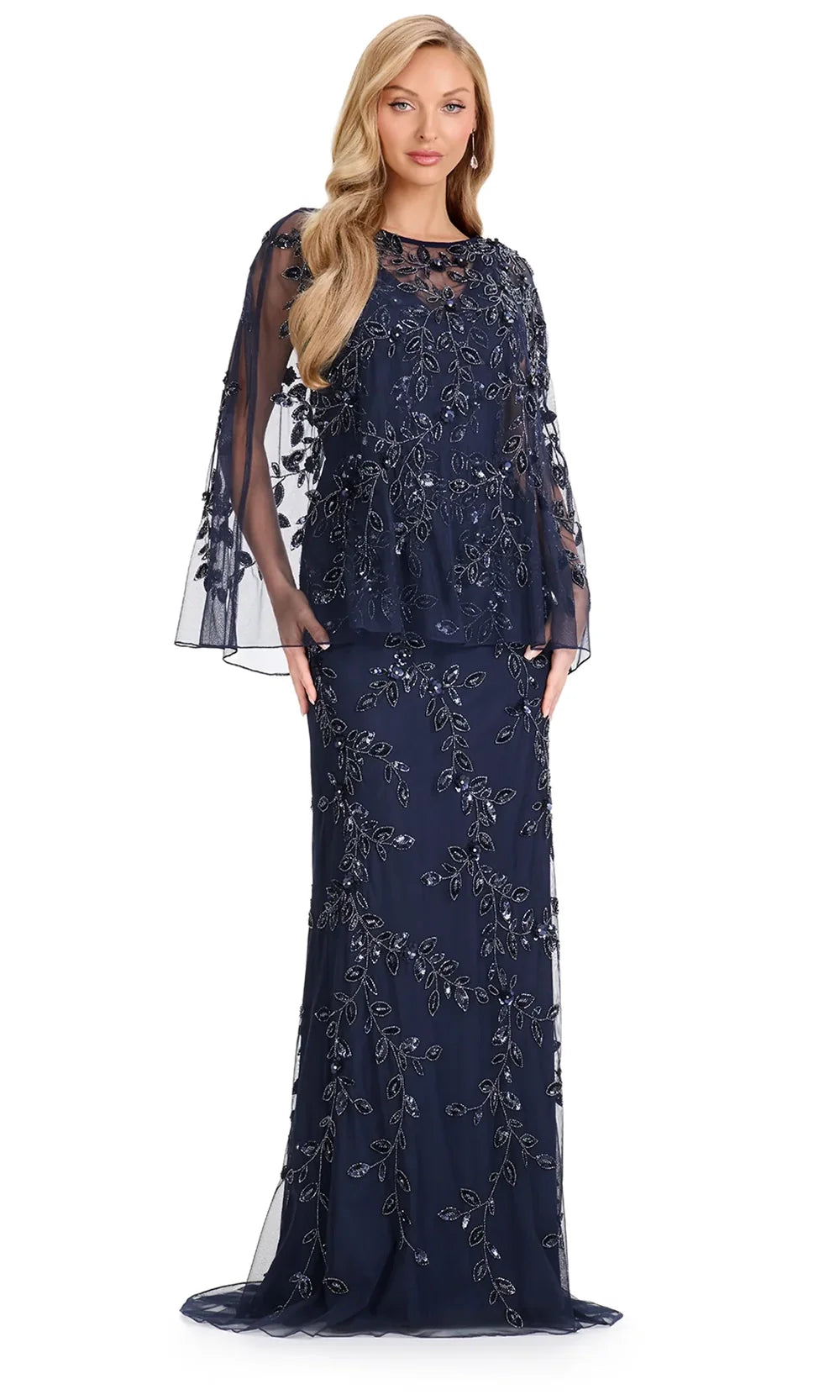 Ashley Lauren E12095 - Leaf Beaded Applique Cape Sleeve Dress in Navy