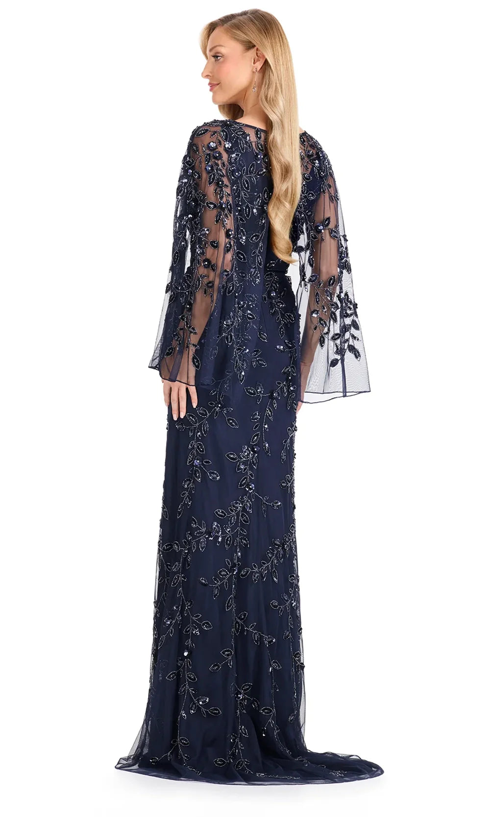 Ashley Lauren E12095 - Leaf Beaded Applique Cape Sleeve Dress in Navy