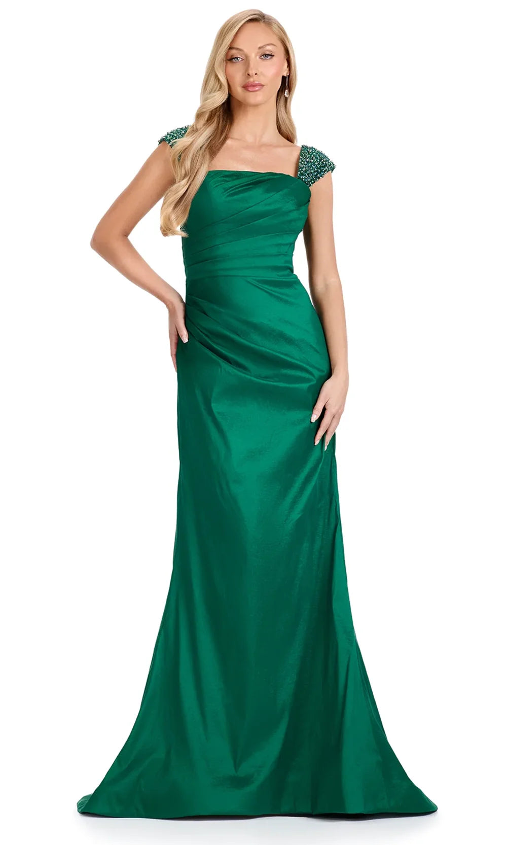Ashley Lauren E12096 - Beaded Sleeve Ruched Formal Dress in Emerald