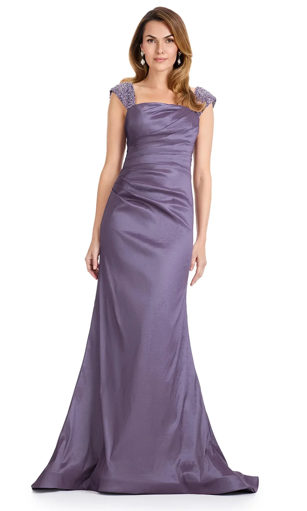 Ashley Lauren E12096 - Beaded Sleeve Ruched Formal Dress in Mauve