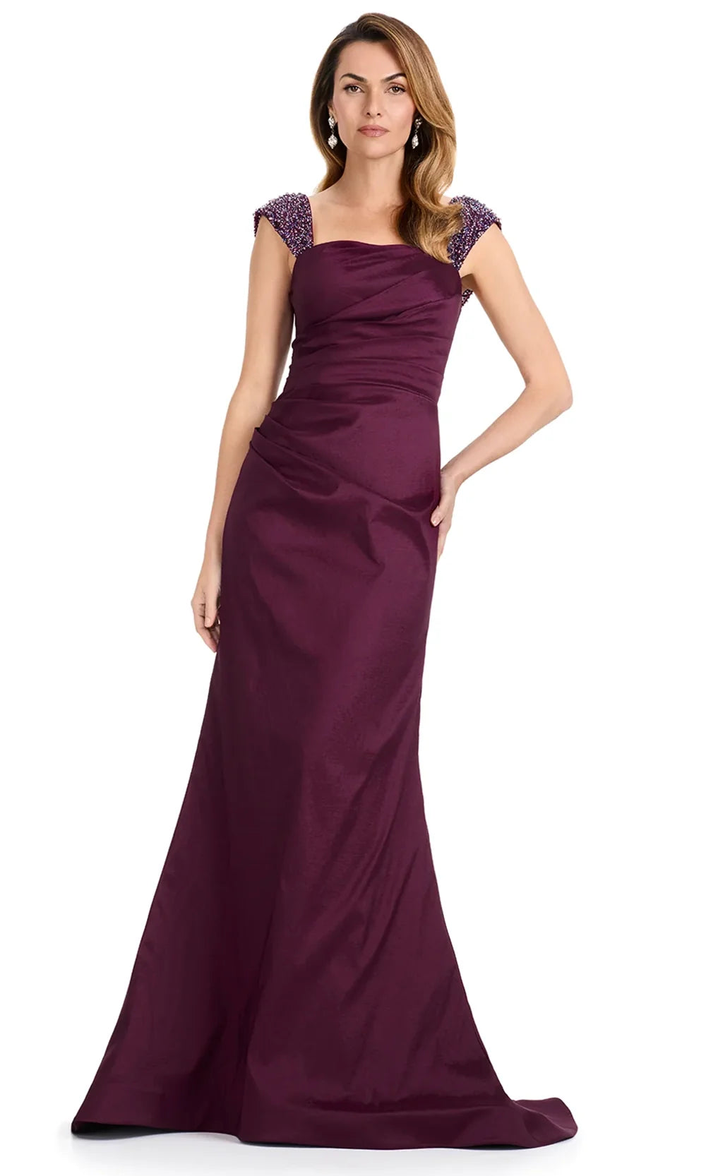 Ashley Lauren E12096 - Beaded Sleeve Ruched Formal Dress in Wine