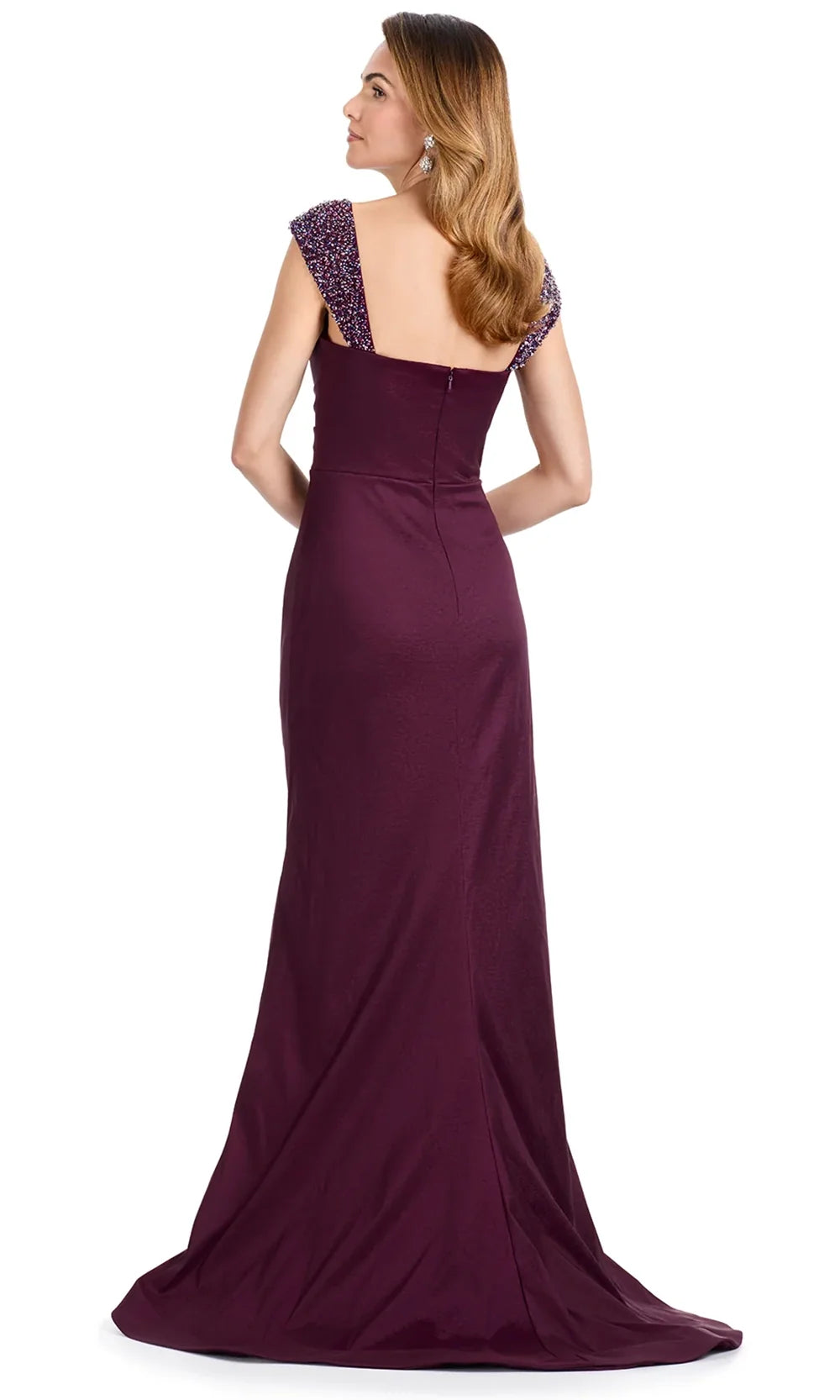 Ashley Lauren E12096 - Beaded Sleeve Ruched Formal Dress in Wine
