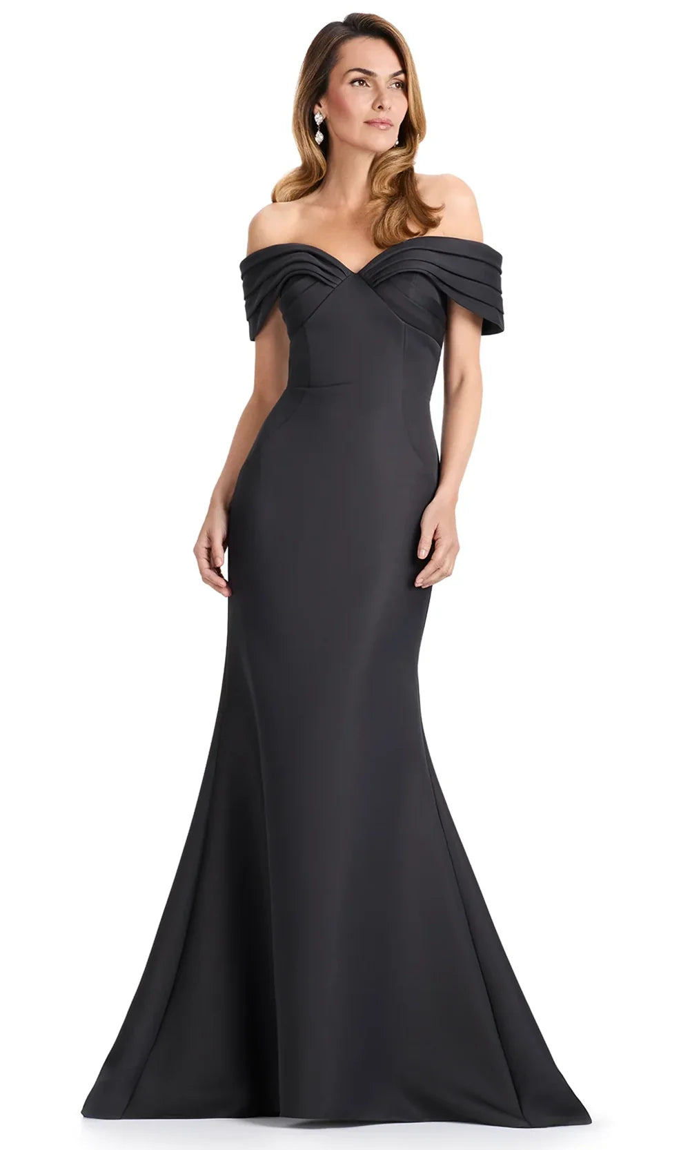 Ashley Lauren E12097 - Pleated Off-Shoulder Satin Long Dress in Black