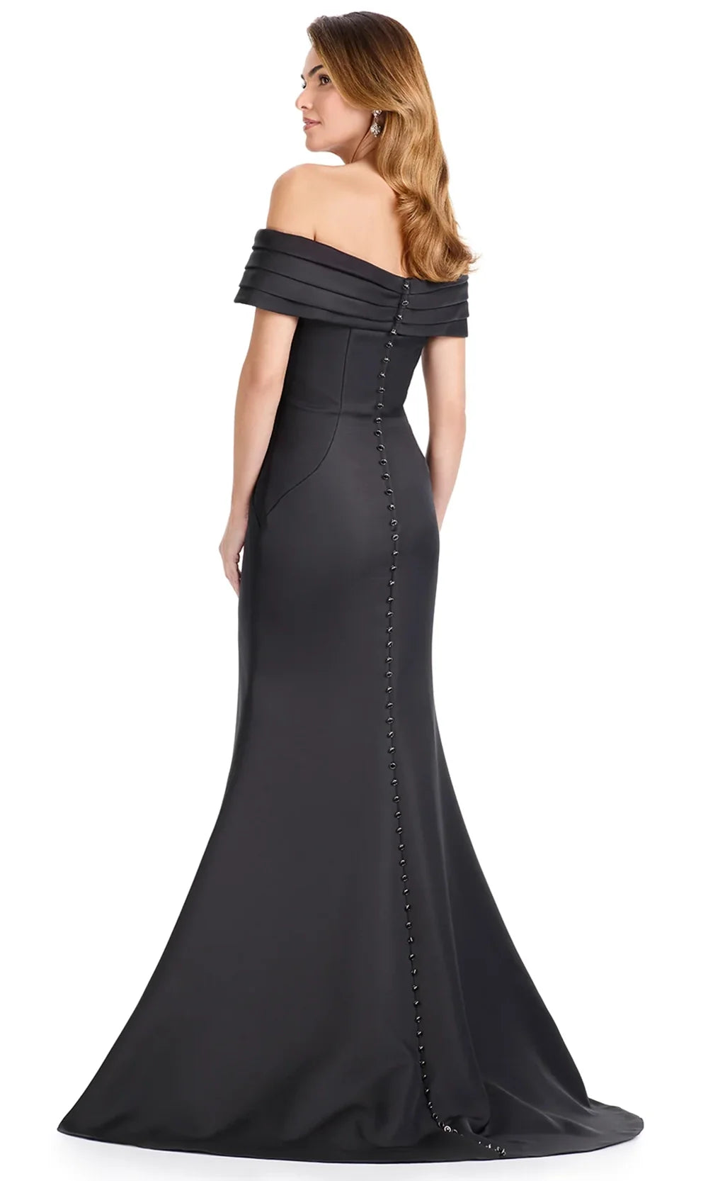 Ashley Lauren E12097 - Pleated Off-Shoulder Satin Long Dress in Black