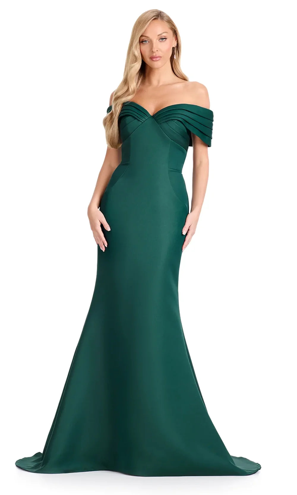 Ashley Lauren E12097 - Pleated Off-Shoulder Satin Long Dress in Green