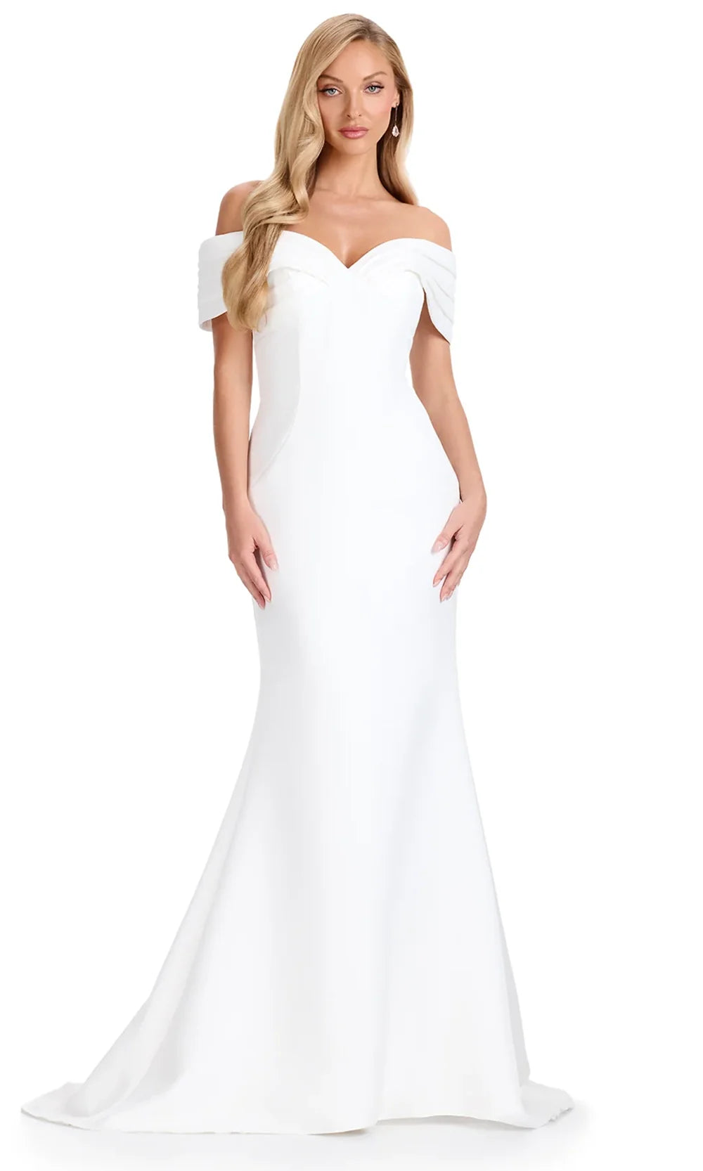Ashley Lauren E12097 - Pleated Off-Shoulder Satin Long Dress in Ivory