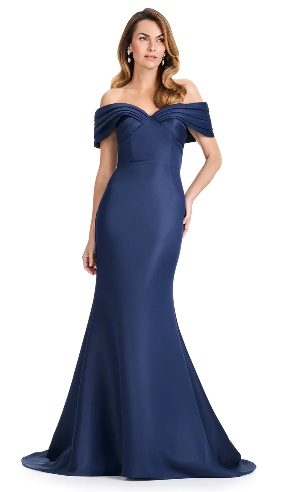 Ashley Lauren E12097 - Pleated Off-Shoulder Satin Long Dress in Navy