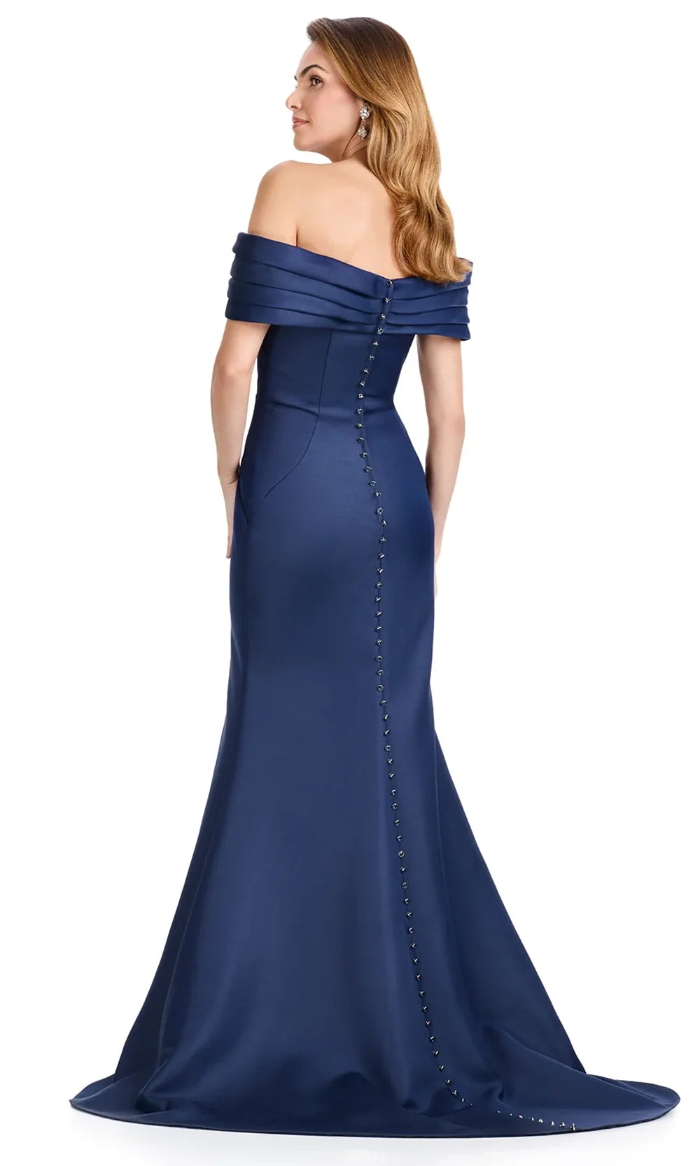 Ashley Lauren E12097 - Pleated Off-Shoulder Satin Long Dress in Navy