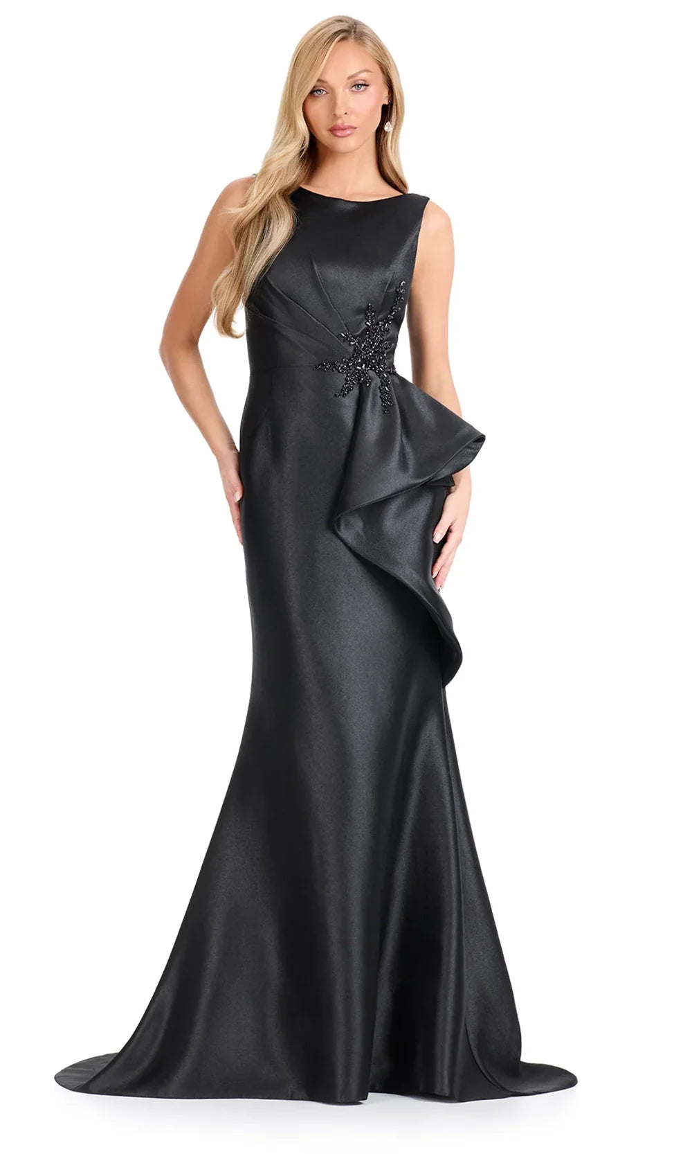 Ashley Lauren E12098 - Beaded Accent Bateau Mermaid Dress in Black