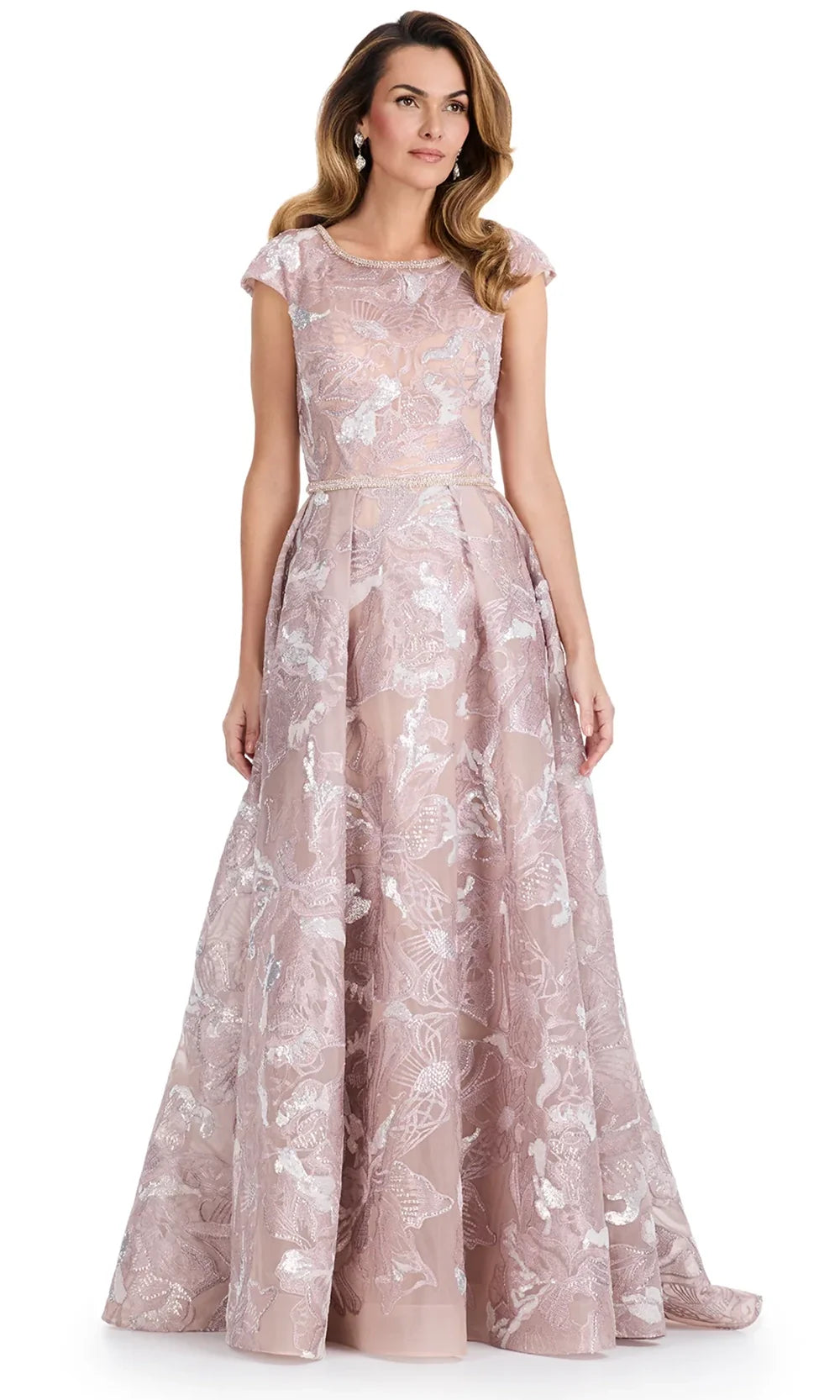 Ashley Lauren E12100 - Embroidered Cap Sleeve Pleated Gown in Mauve