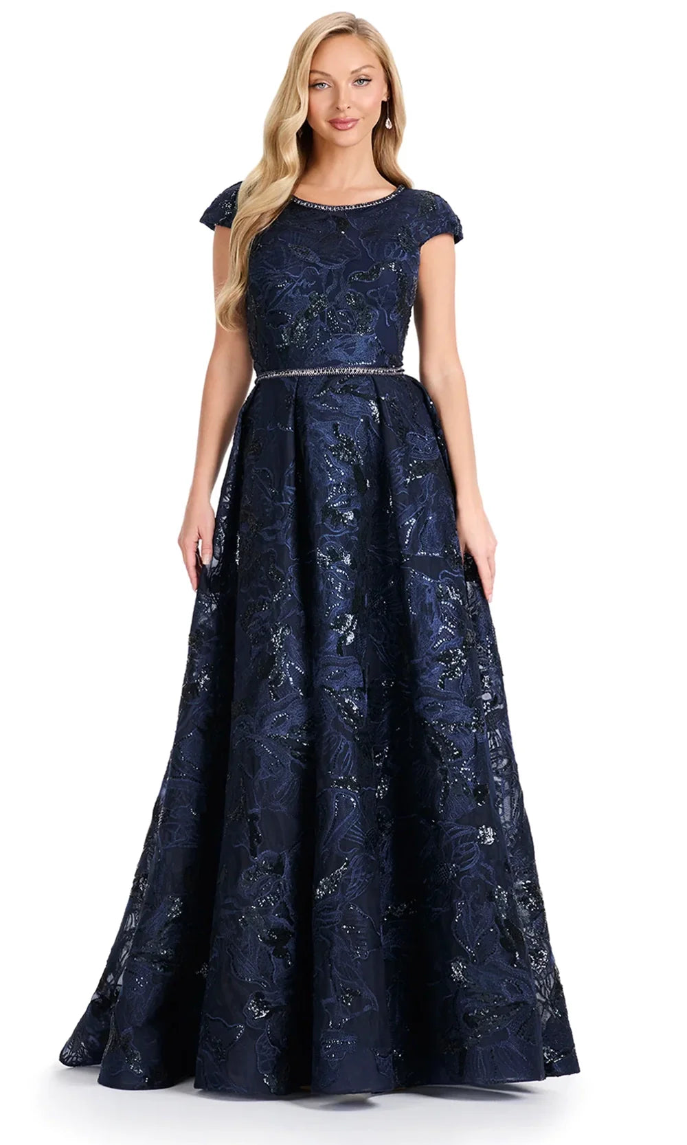 Ashley Lauren E12100 - Embroidered Cap Sleeve Pleated Gown in Navy