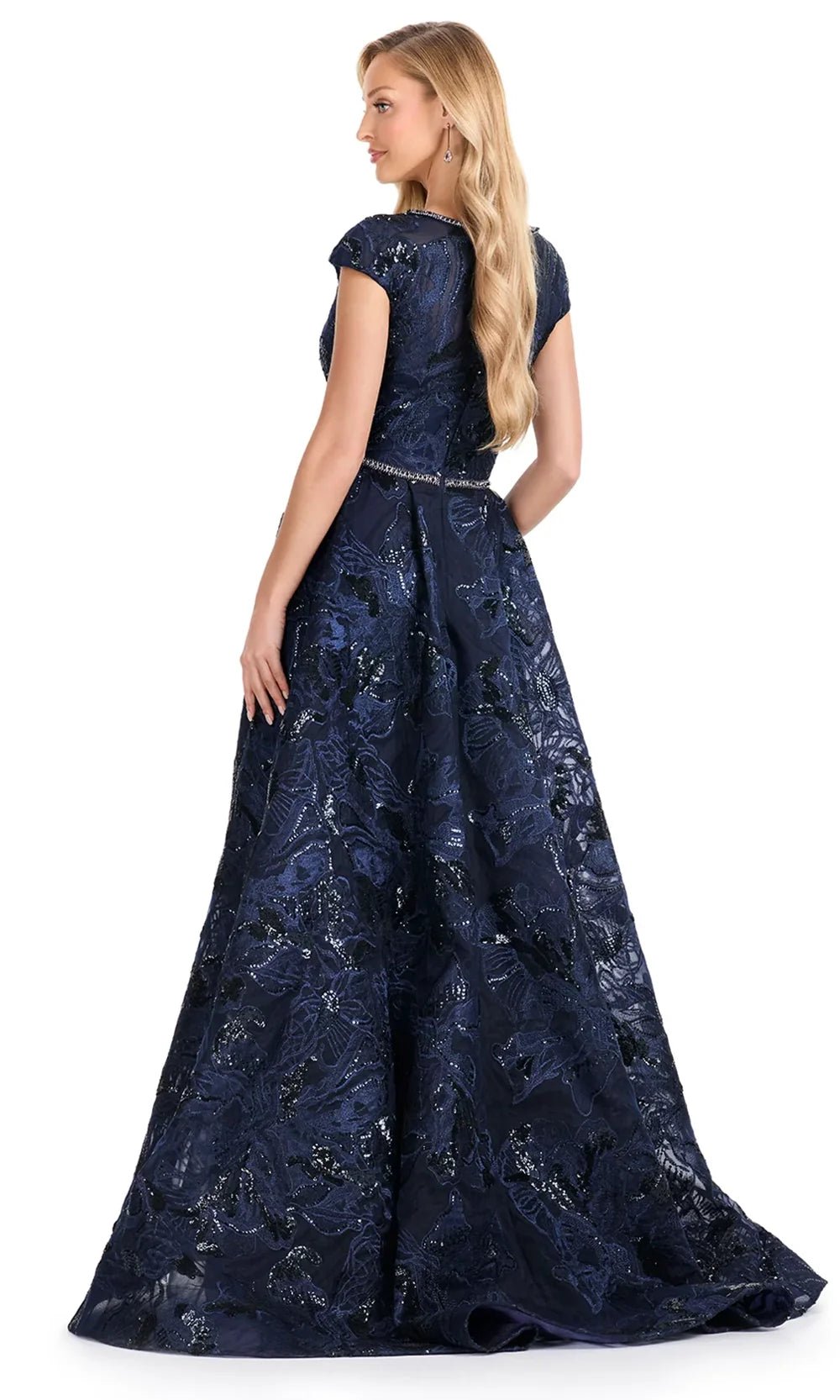 Ashley Lauren E12100 - Embroidered Cap Sleeve Pleated Gown in Navy