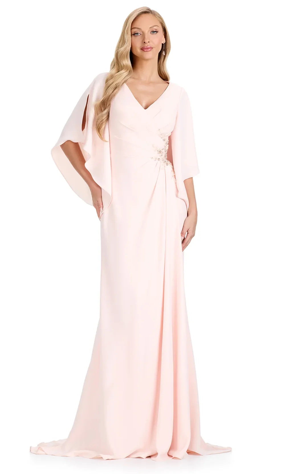 Ashley Lauren E12101 - Cape-Style Sleeve Beaded Crepe Dress in Blush