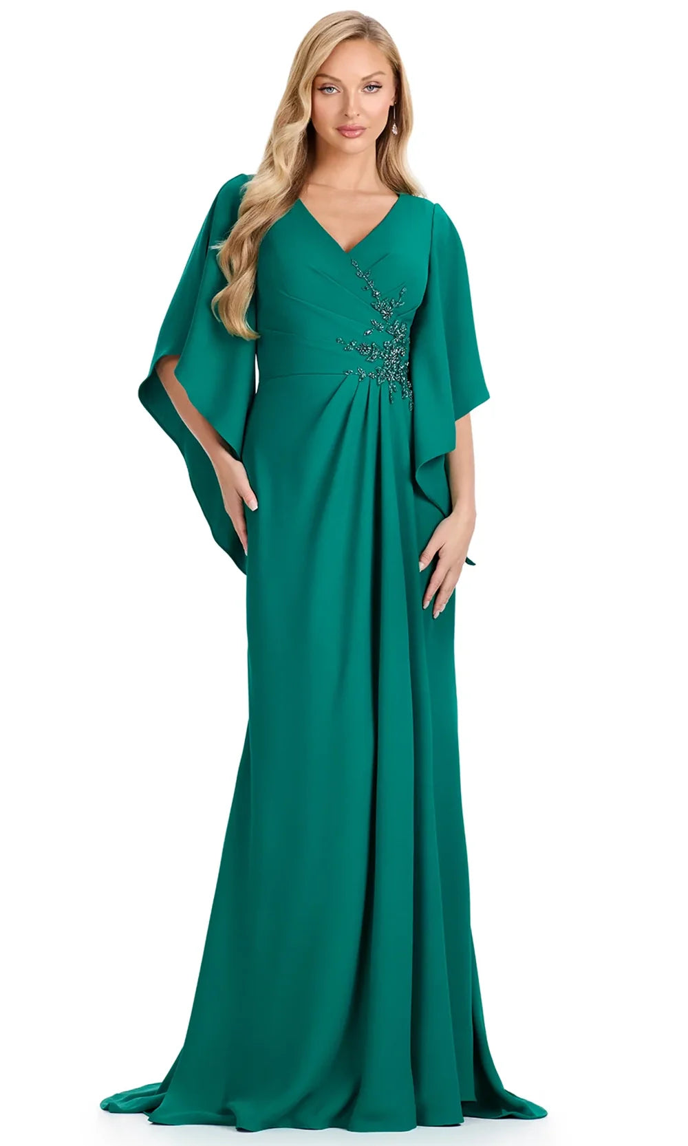 Ashley Lauren E12101 - Cape-Style Sleeve Beaded Crepe Dress in Jade