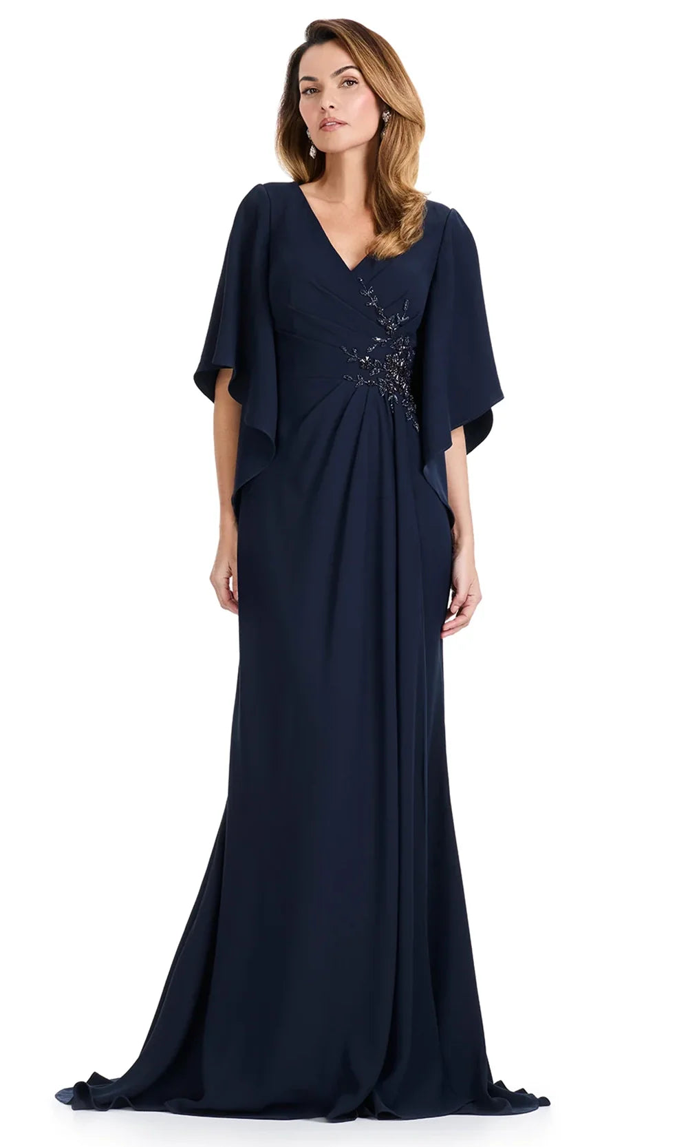 Ashley Lauren E12101 - Cape-Style Sleeve Beaded Crepe Dress in Navy