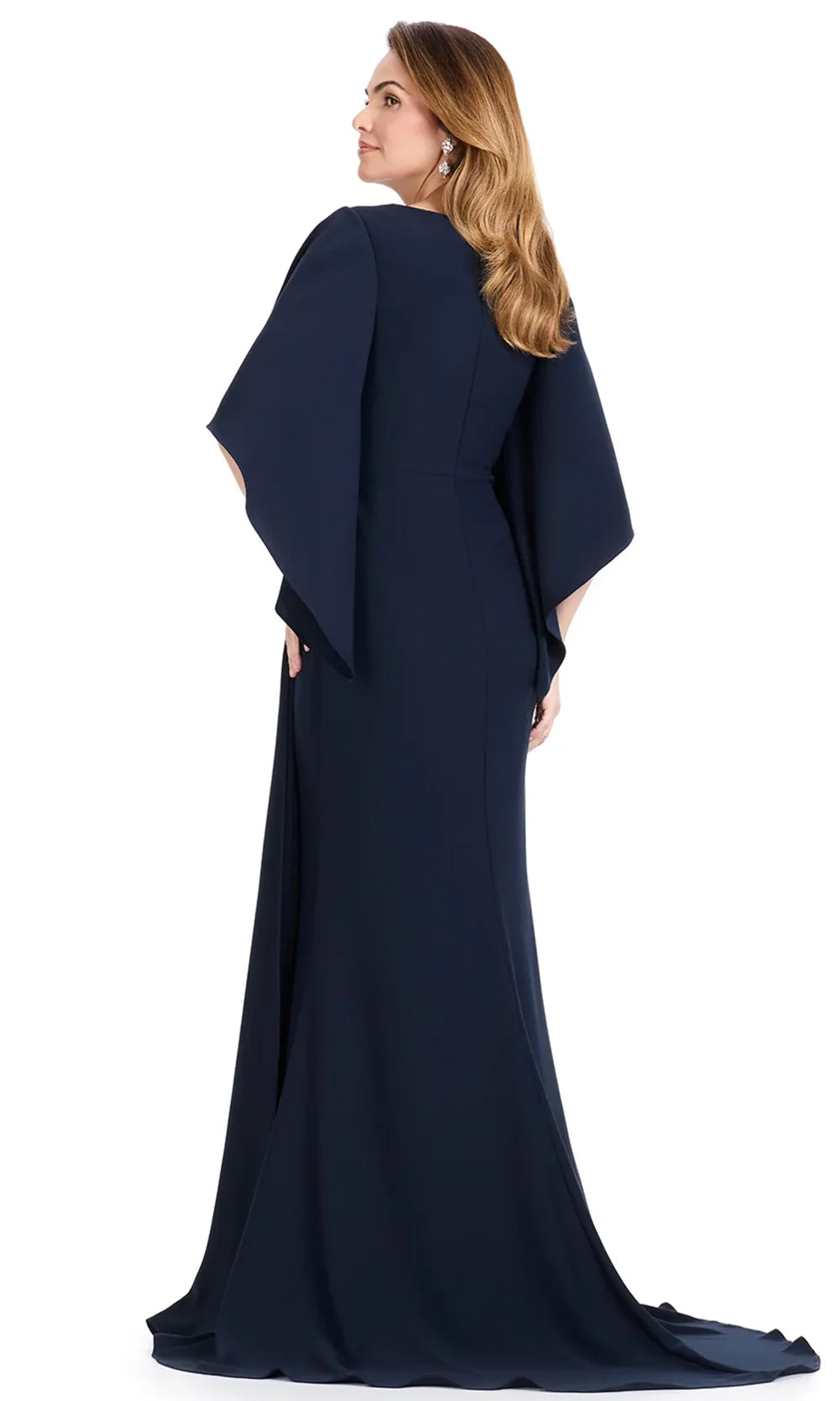 Ashley Lauren E12101 - Cape-Style Sleeve Beaded Crepe Dress in Navy