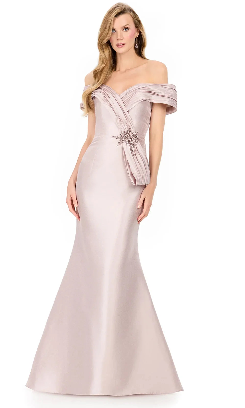 Ashley Lauren E12103 - Pleated Bodice Off Shoulder Mikado Dress in Marble