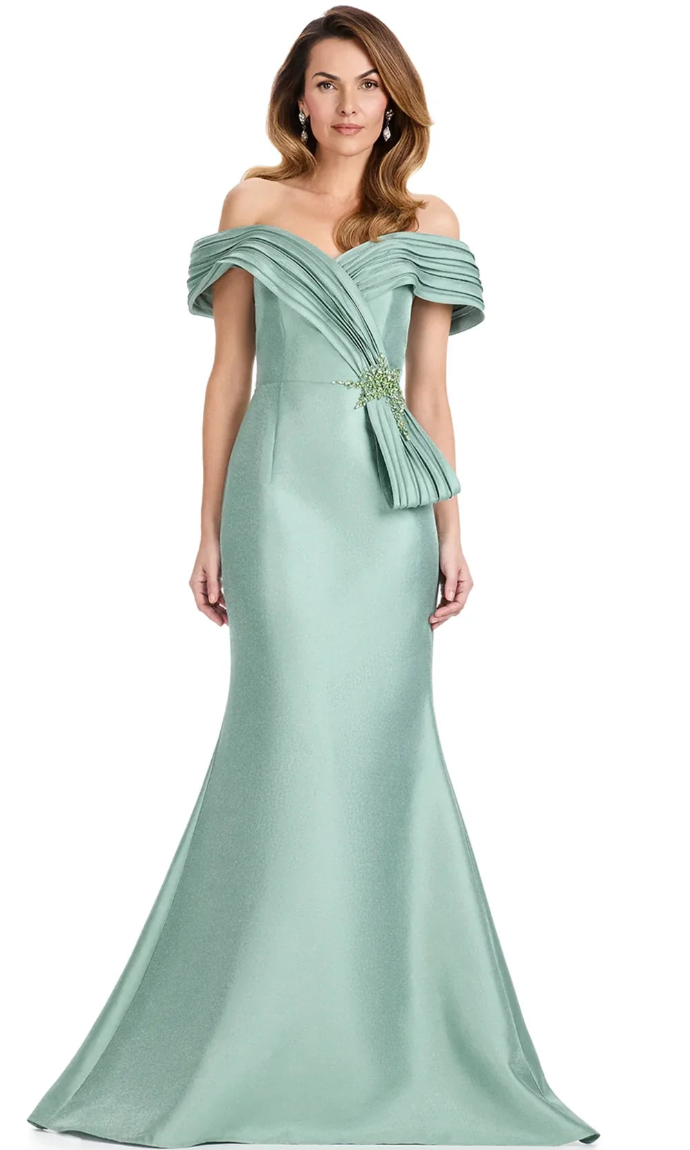 Ashley Lauren E12103 - Pleated Bodice Off Shoulder Mikado Dress in Sage