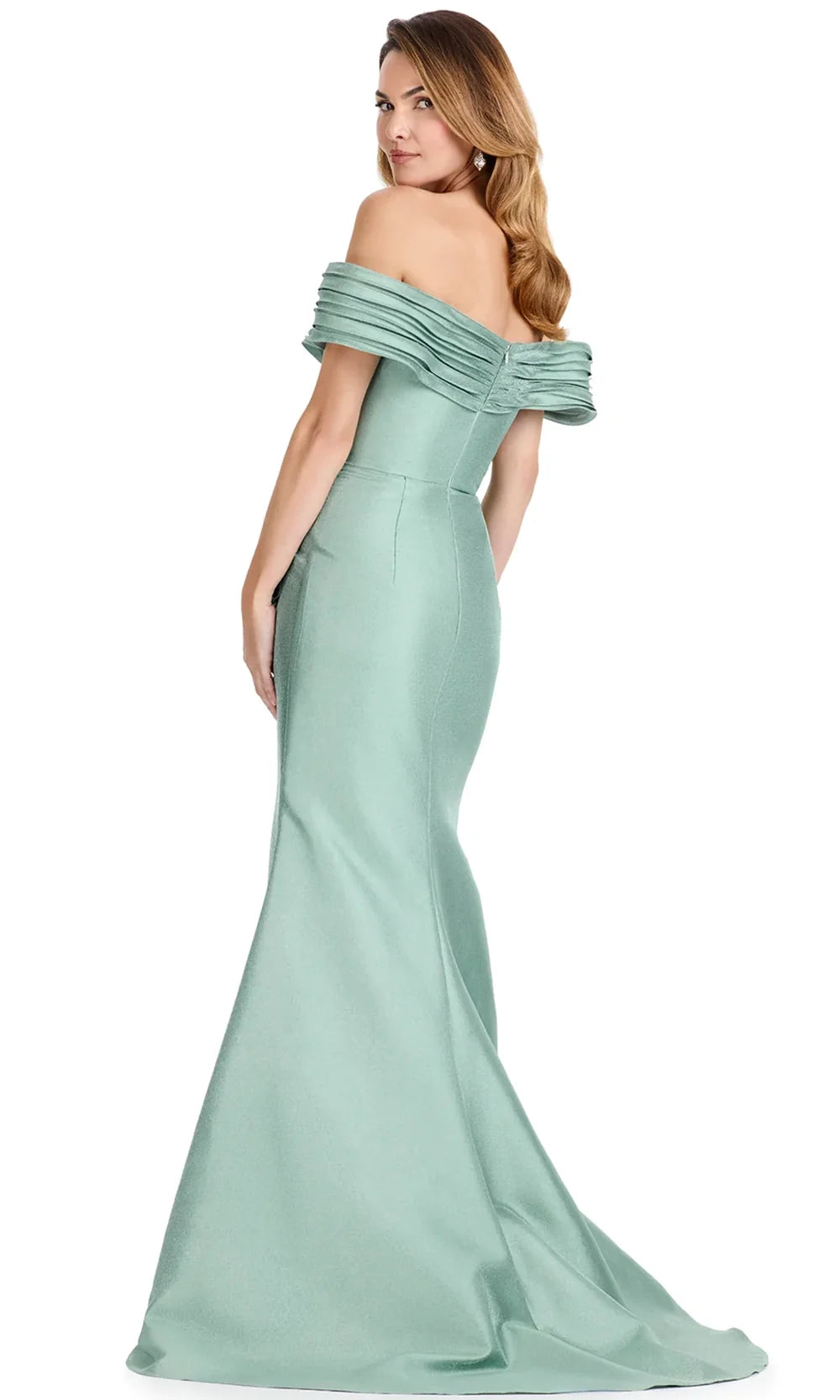 Ashley Lauren E12103 - Pleated Bodice Off Shoulder Mikado Dress in Sage