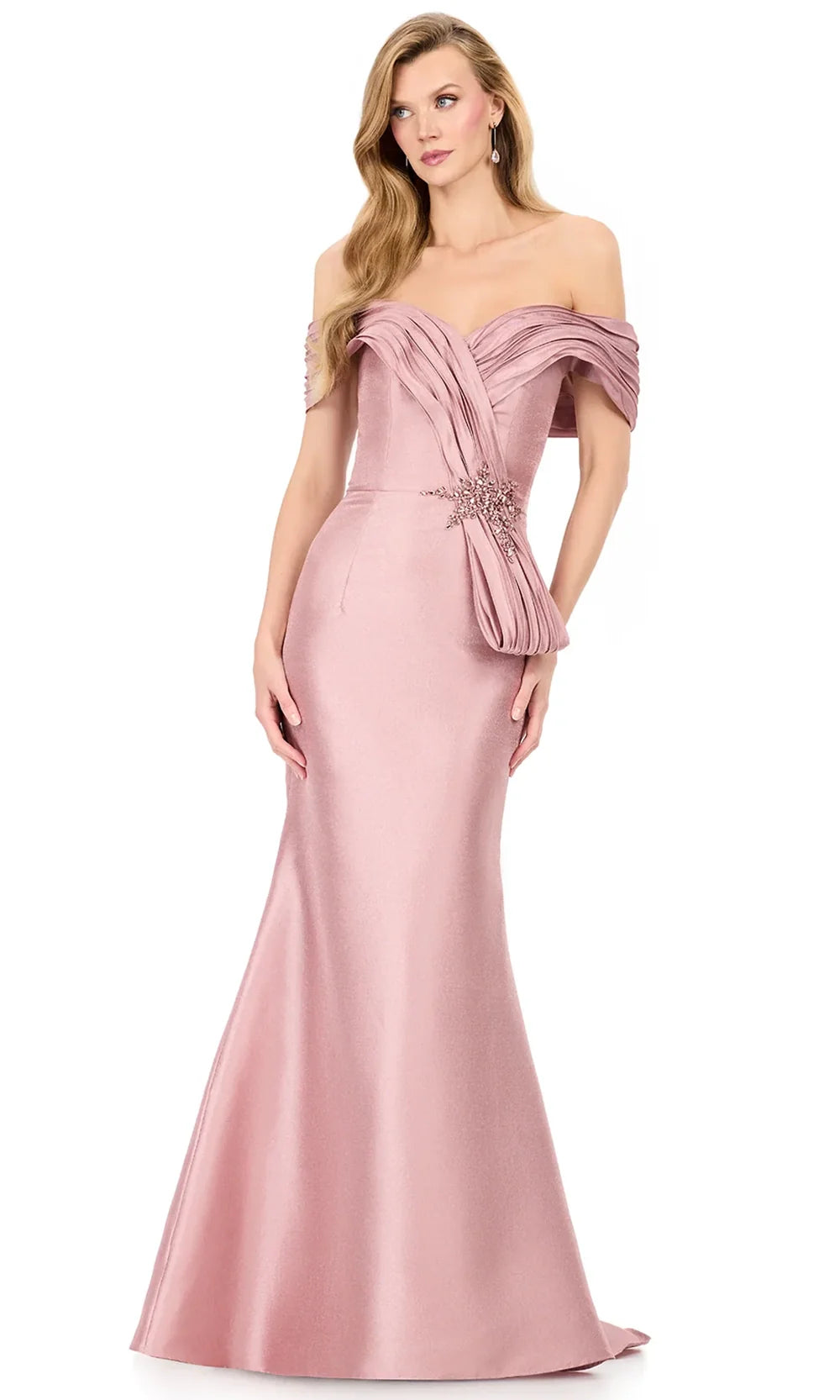 Ashley Lauren E12103 - Pleated Bodice Off Shoulder Mikado Dress in Taupe